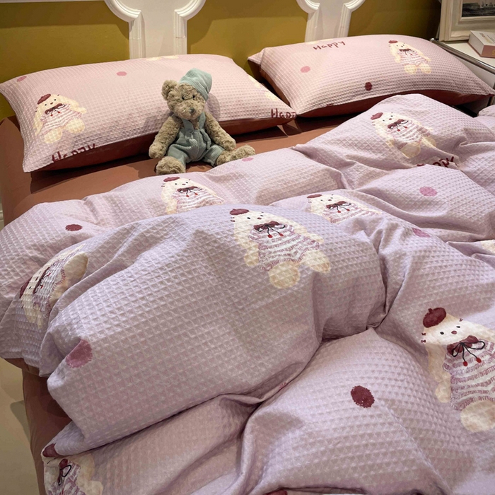 91家纺网 家纺一手货源 找家纺 小叮当家纺仓储工厂店 2025新款提供买家秀爆款花型不断货全棉纯棉A类华夫格印花磨毛四件套 克洛莉-紫