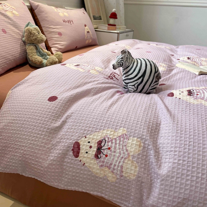 91家纺网 家纺一手货源 找家纺 小叮当家纺仓储工厂店 2025新款提供买家秀爆款花型不断货全棉纯棉A类华夫格印花磨毛四件套 克洛莉-紫