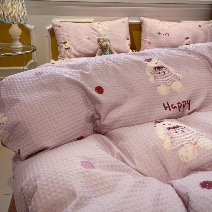 91家纺网 家纺一手货源 找家纺 小叮当家纺仓储工厂店 2025新款提供买家秀爆款花型不断货全棉纯棉A类华夫格印花磨毛四件套 克洛莉-紫