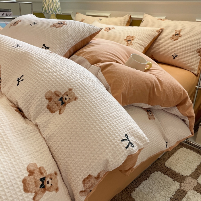 小叮当家纺仓储工厂店 2025新款提供买家秀爆款花型不断货全棉纯棉A类华夫格印花磨毛四件套 莫妮卡-卡其