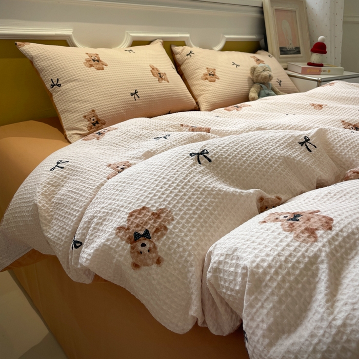 91家纺网 家纺一手货源 找家纺 小叮当家纺仓储工厂店 2025新款提供买家秀爆款花型不断货全棉纯棉A类华夫格印花磨毛四件套 莫妮卡-卡其