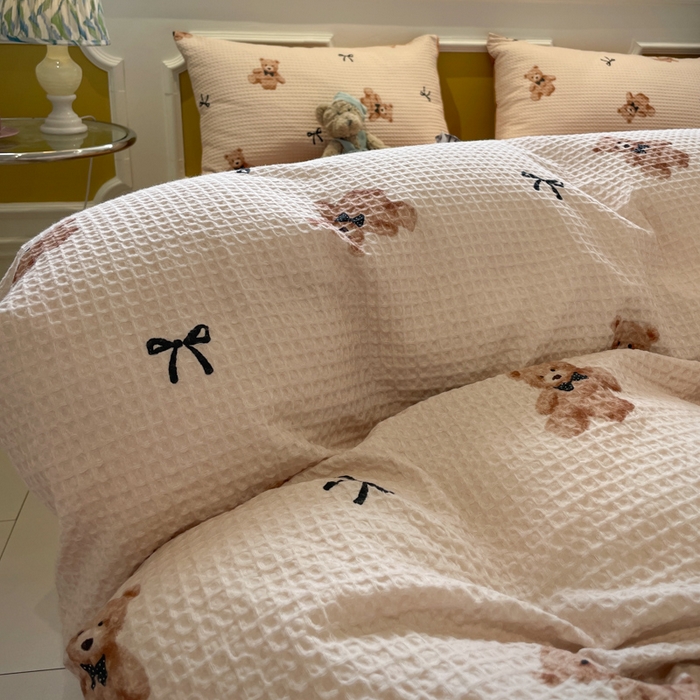 91家纺网 家纺一手货源 找家纺 小叮当家纺仓储工厂店 2025新款提供买家秀爆款花型不断货全棉纯棉A类华夫格印花磨毛四件套 莫妮卡-卡其