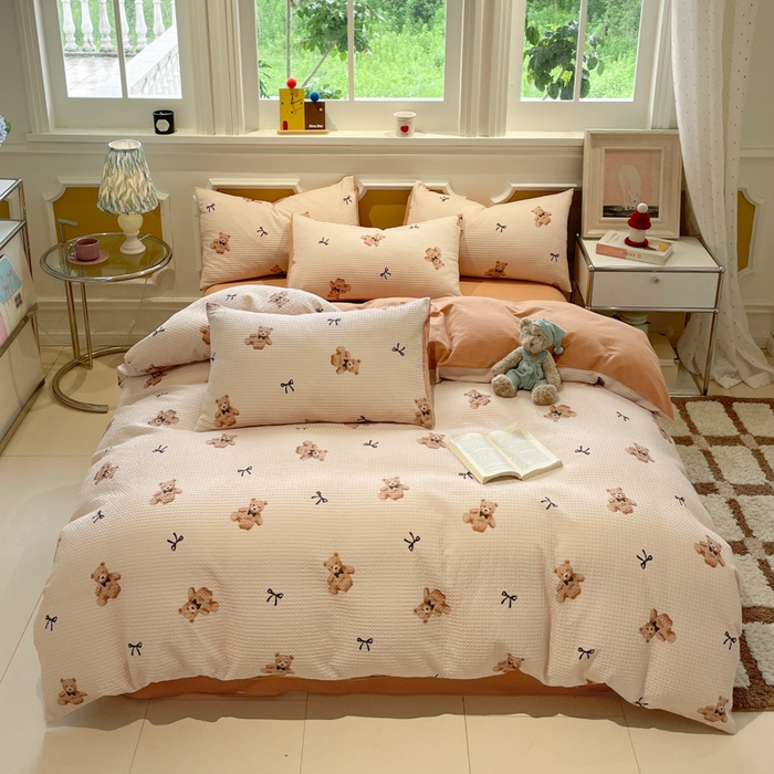 91家纺网 家纺一手货源 找家纺 小叮当家纺仓储工厂店 2025新款提供买家秀爆款花型不断货全棉纯棉A类华夫格印花磨毛四件套 莫妮卡-卡其