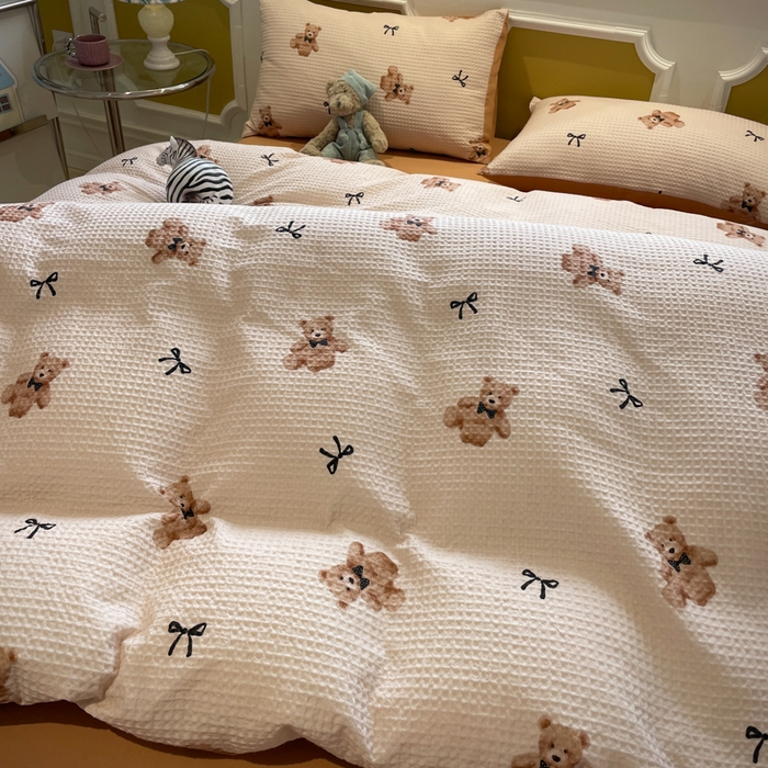 91家纺网 家纺一手货源 找家纺 小叮当家纺仓储工厂店 2025新款提供买家秀爆款花型不断货全棉纯棉A类华夫格印花磨毛四件套 莫妮卡-卡其