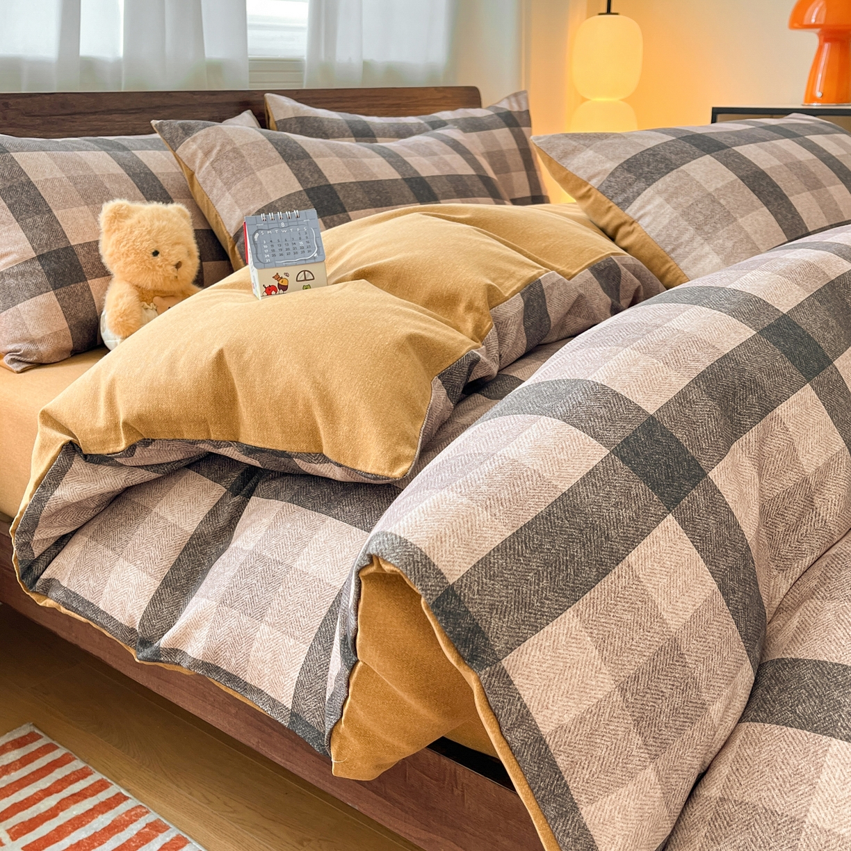 小叮当家纺仓储工厂店 2025新款提供买家秀爆款花型不断货亲肤舒适原棉加厚磨毛四件套 朗格-咖