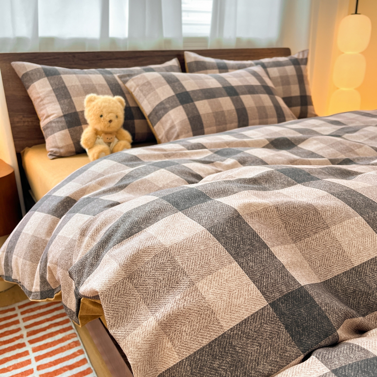 91家纺网 家纺一手货源 找家纺 小叮当家纺仓储工厂店 2025新款提供买家秀爆款花型不断货亲肤舒适原棉加厚磨毛四件套 朗格-咖