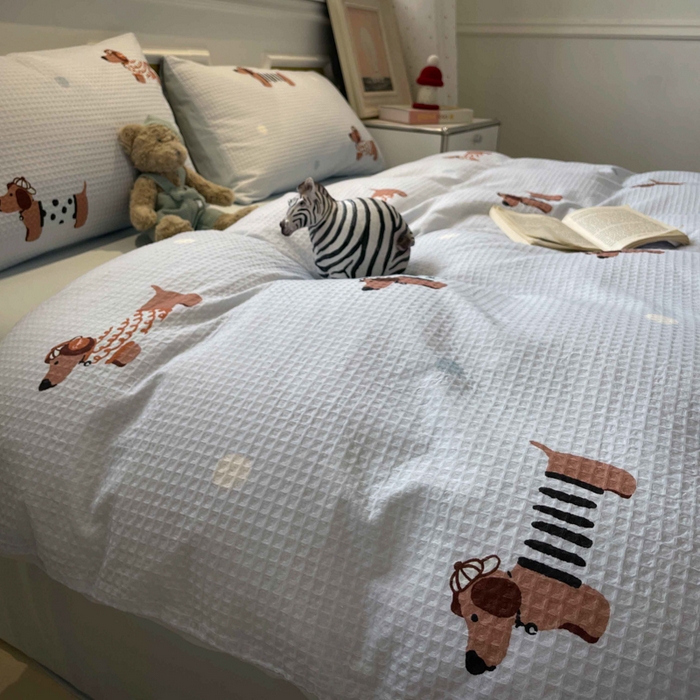 91家纺网 家纺一手货源 找家纺 小叮当家纺仓储工厂店 2025新款提供买家秀爆款花型不断货全棉纯棉A类华夫格印花磨毛四件套 瑞乐-兰