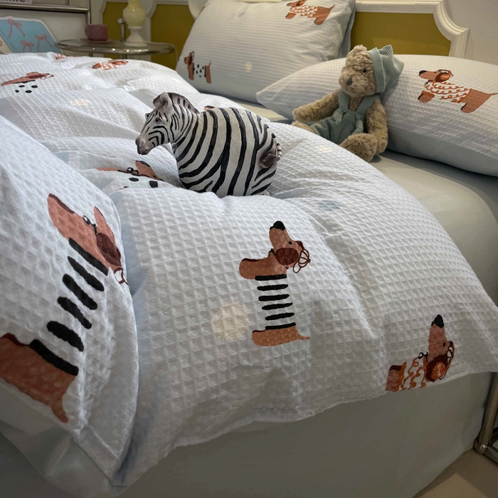 91家纺网 家纺一手货源 找家纺 小叮当家纺仓储工厂店 2025新款提供买家秀爆款花型不断货全棉纯棉A类华夫格印花磨毛四件套 瑞乐-兰