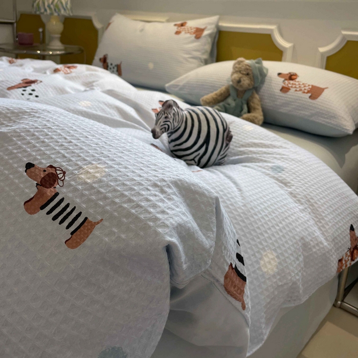 91家纺网 家纺一手货源 找家纺 小叮当家纺仓储工厂店 2025新款提供买家秀爆款花型不断货全棉纯棉A类华夫格印花磨毛四件套 瑞乐-兰