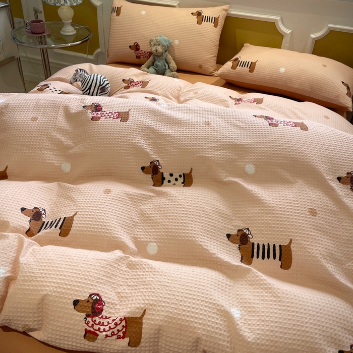 91家纺网 家纺一手货源 找家纺 小叮当家纺仓储工厂店 2025新款提供买家秀爆款花型不断货全棉纯棉A类华夫格印花磨毛四件套 瑞乐-棕