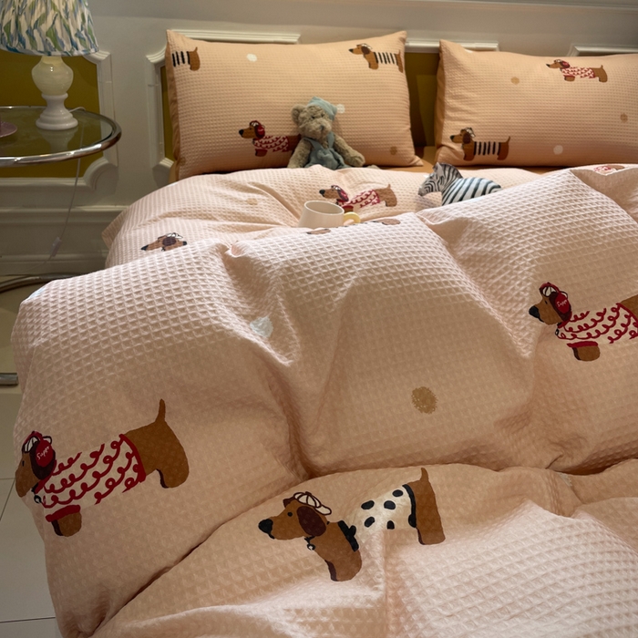 91家纺网 家纺一手货源 找家纺 小叮当家纺仓储工厂店 2025新款提供买家秀爆款花型不断货全棉纯棉A类华夫格印花磨毛四件套 瑞乐-棕