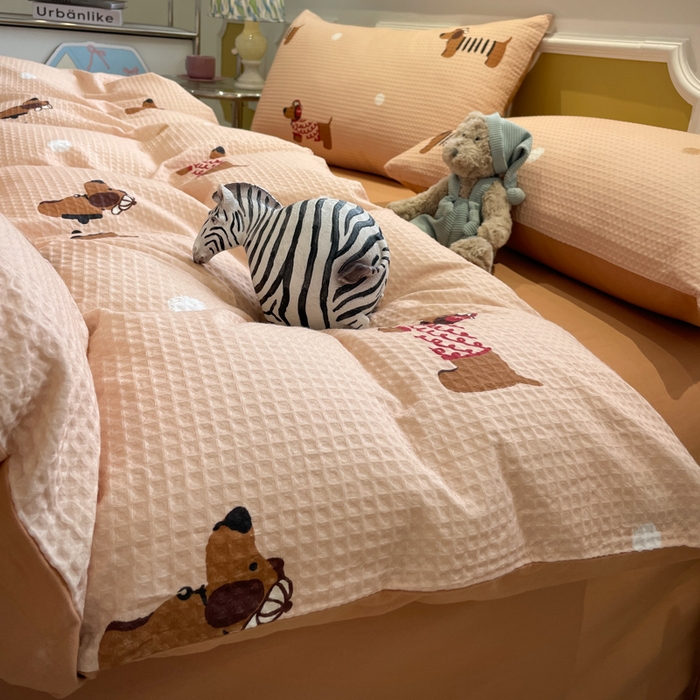 91家纺网 家纺一手货源 找家纺 小叮当家纺仓储工厂店 2025新款提供买家秀爆款花型不断货全棉纯棉A类华夫格印花磨毛四件套 瑞乐-棕