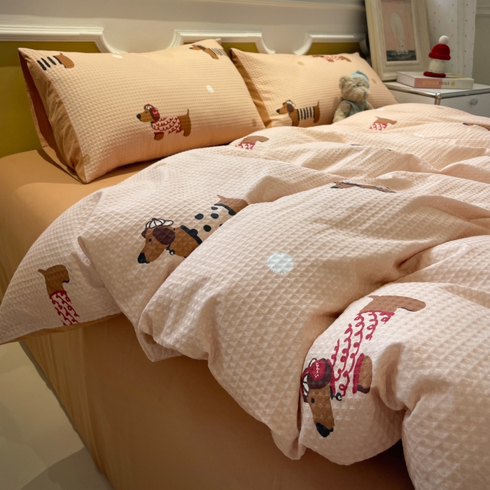 91家纺网 家纺一手货源 找家纺 小叮当家纺仓储工厂店 2025新款提供买家秀爆款花型不断货全棉纯棉A类华夫格印花磨毛四件套 瑞乐-棕