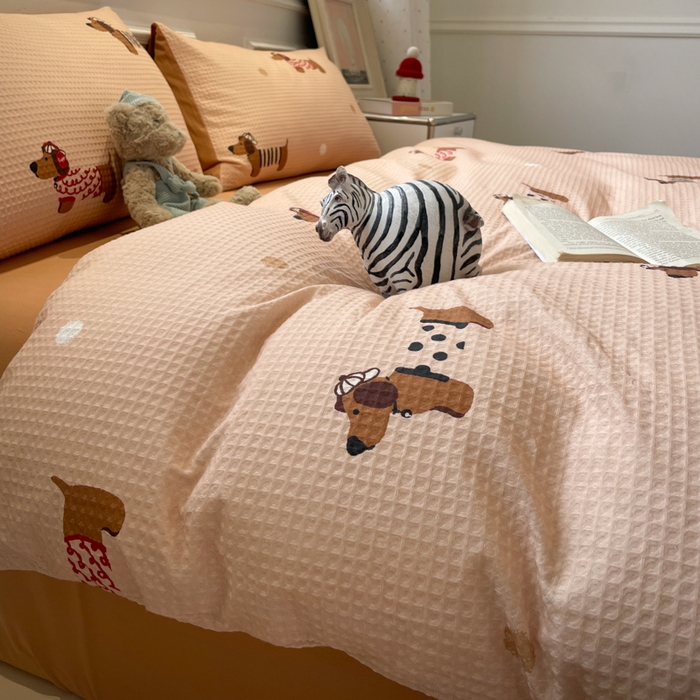 91家纺网 家纺一手货源 找家纺 小叮当家纺仓储工厂店 2025新款提供买家秀爆款花型不断货全棉纯棉A类华夫格印花磨毛四件套 瑞乐-棕