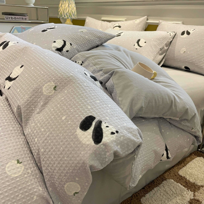 小叮当家纺仓储工厂店 2025新款提供买家秀爆款花型不断货全棉纯棉A类华夫格印花磨毛四件套 苏潘达-灰