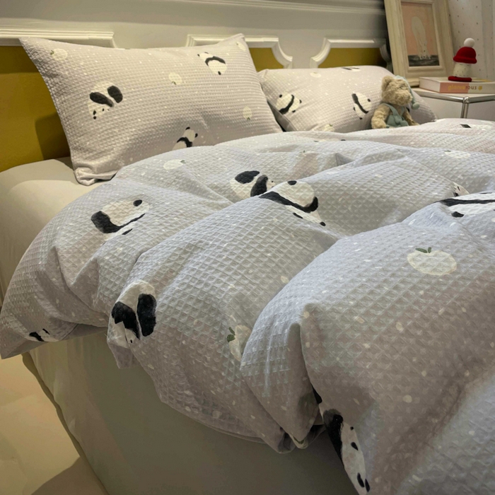 91家纺网 家纺一手货源 找家纺 小叮当家纺仓储工厂店 2025新款提供买家秀爆款花型不断货全棉纯棉A类华夫格印花磨毛四件套 苏潘达-灰