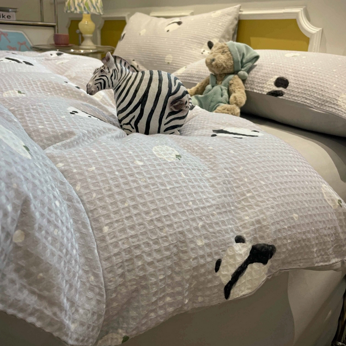 91家纺网 家纺一手货源 找家纺 小叮当家纺仓储工厂店 2025新款提供买家秀爆款花型不断货全棉纯棉A类华夫格印花磨毛四件套 苏潘达-灰