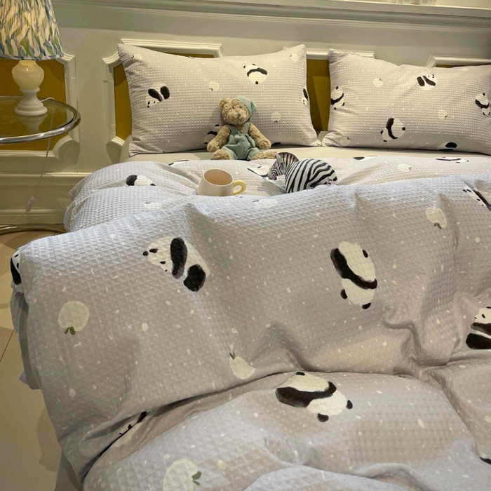 91家纺网 家纺一手货源 找家纺 小叮当家纺仓储工厂店 2025新款提供买家秀爆款花型不断货全棉纯棉A类华夫格印花磨毛四件套 苏潘达-灰