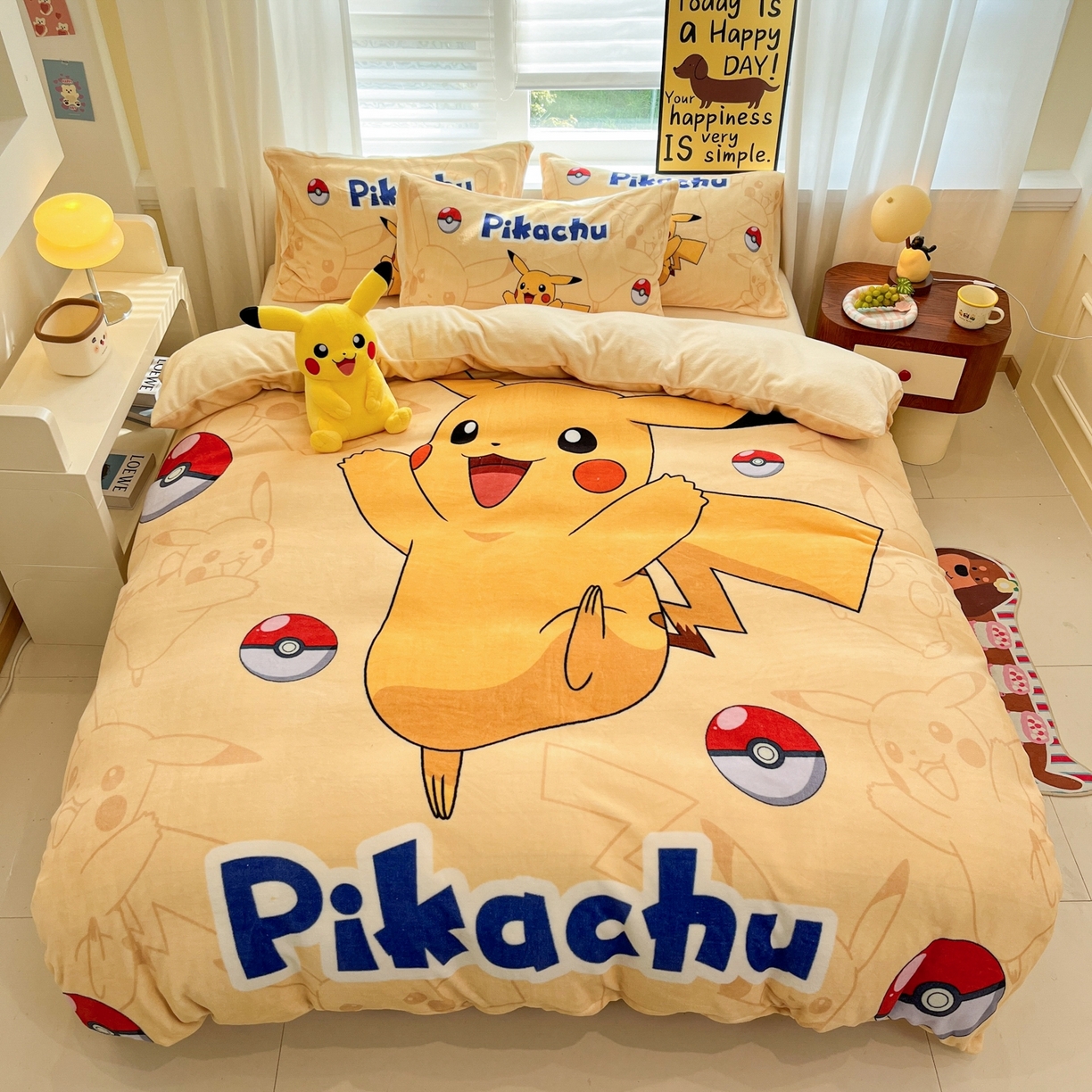 91家纺网 家纺一手货源 找家纺 （总）桃子家居 2025新款A类正版宝可梦授权皮卡丘大版卡通平网数码印花加厚高克重牛奶绒四件套