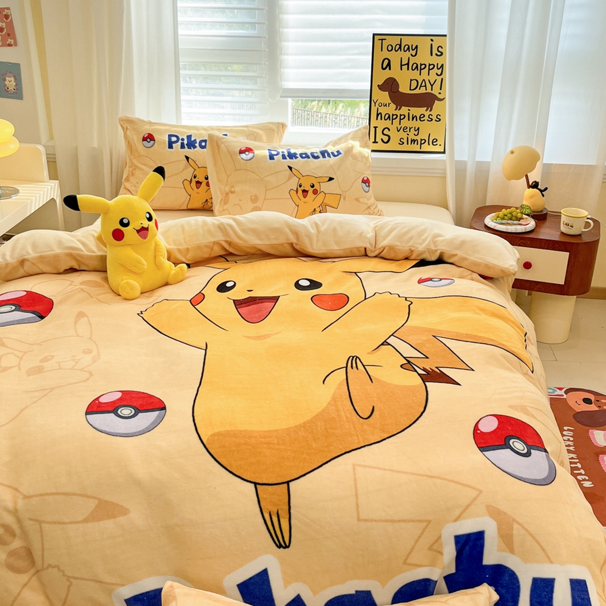 91家纺网 家纺一手货源 找家纺 （总）桃子家居 2025新款A类正版宝可梦授权皮卡丘大版卡通平网数码印花加厚高克重牛奶绒四件套