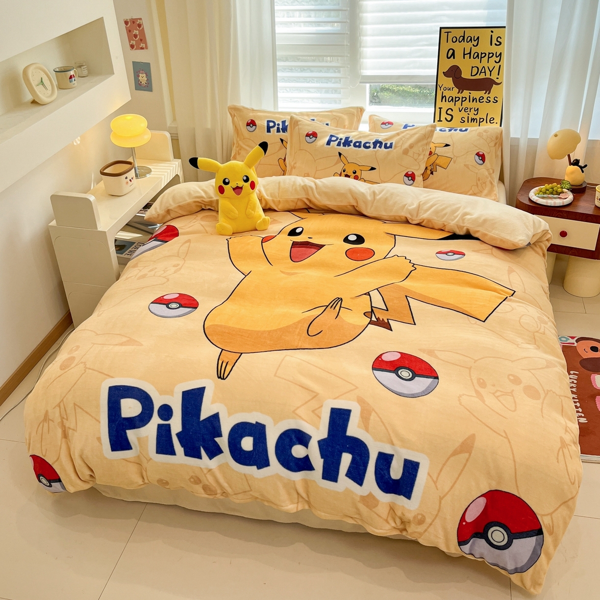 91家纺网 家纺一手货源 找家纺 （总）桃子家居 2025新款A类正版宝可梦授权皮卡丘大版卡通平网数码印花加厚高克重牛奶绒四件套