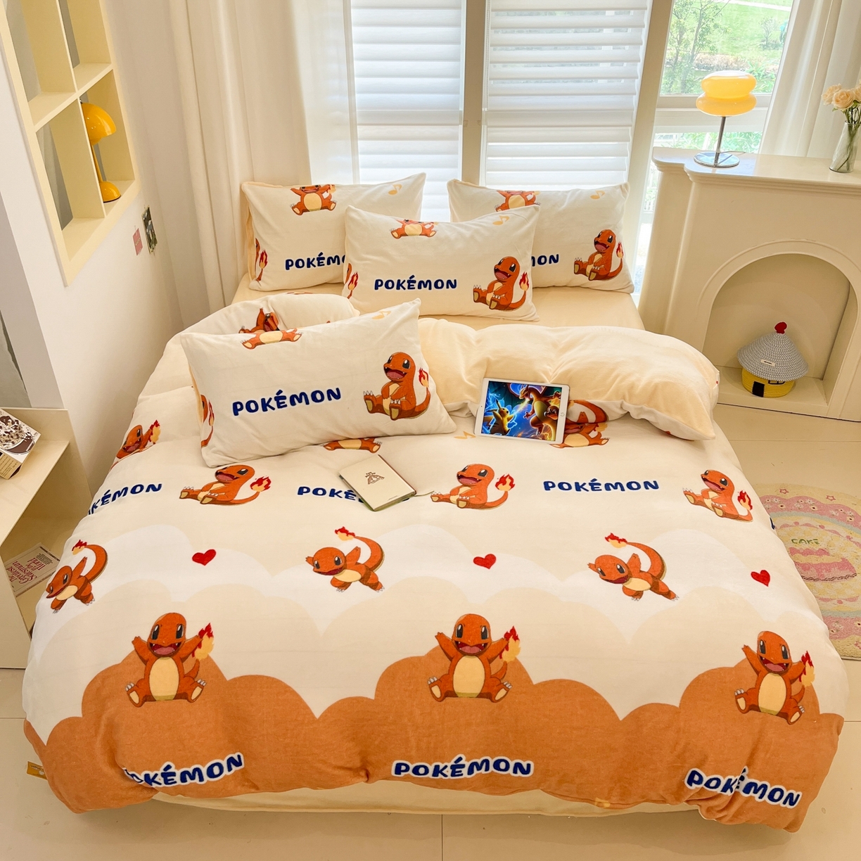 桃子家居 2025新款A类正版宝可梦授权皮卡丘大版卡通平网数码印花加厚高克重牛奶绒四件套 绒小版-开心喷火龙