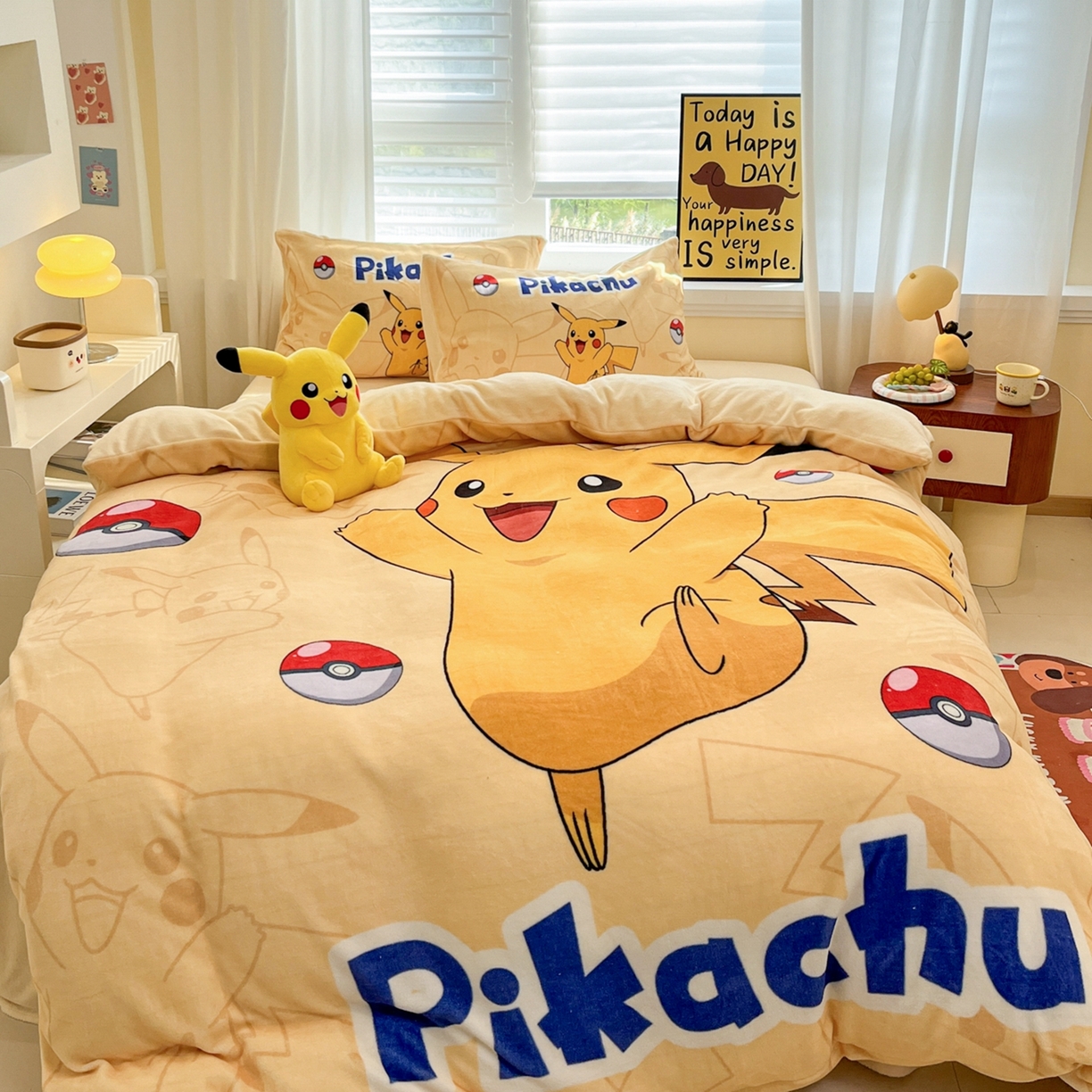 91家纺网 家纺一手货源 找家纺 （总）桃子家居 2025新款A类正版宝可梦授权皮卡丘大版卡通平网数码印花加厚高克重牛奶绒四件套