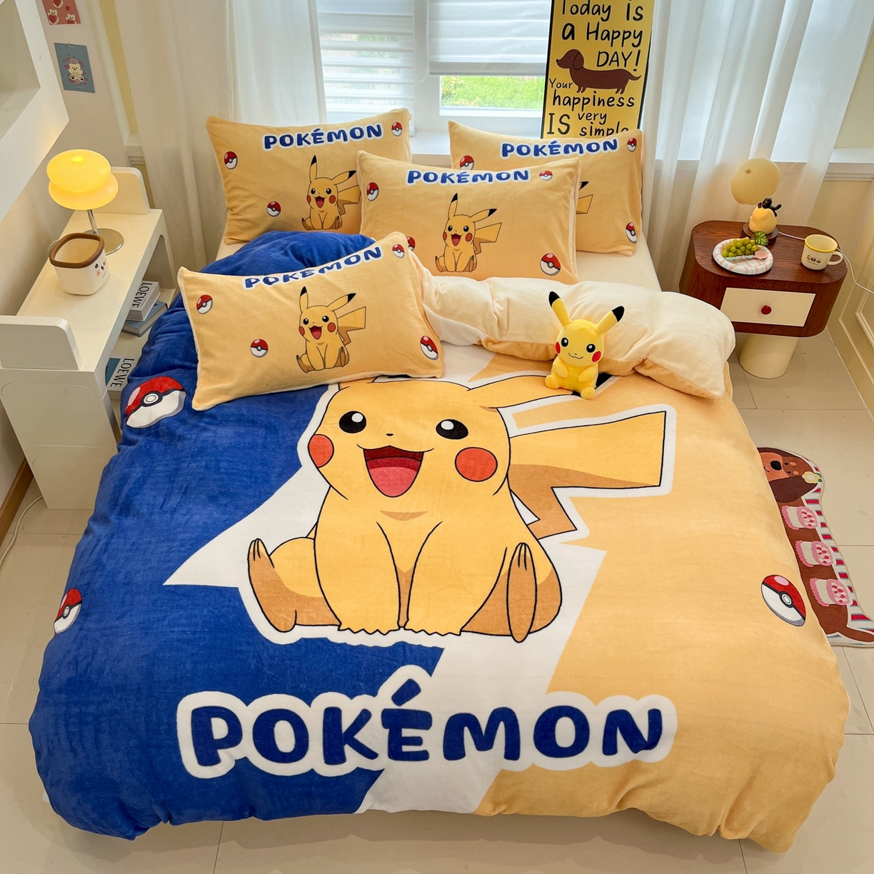桃子家居 2025新款A类正版宝可梦授权皮卡丘大版卡通平网数码印花加厚高克重牛奶绒四件套 绒大阪套件-俏皮皮卡丘