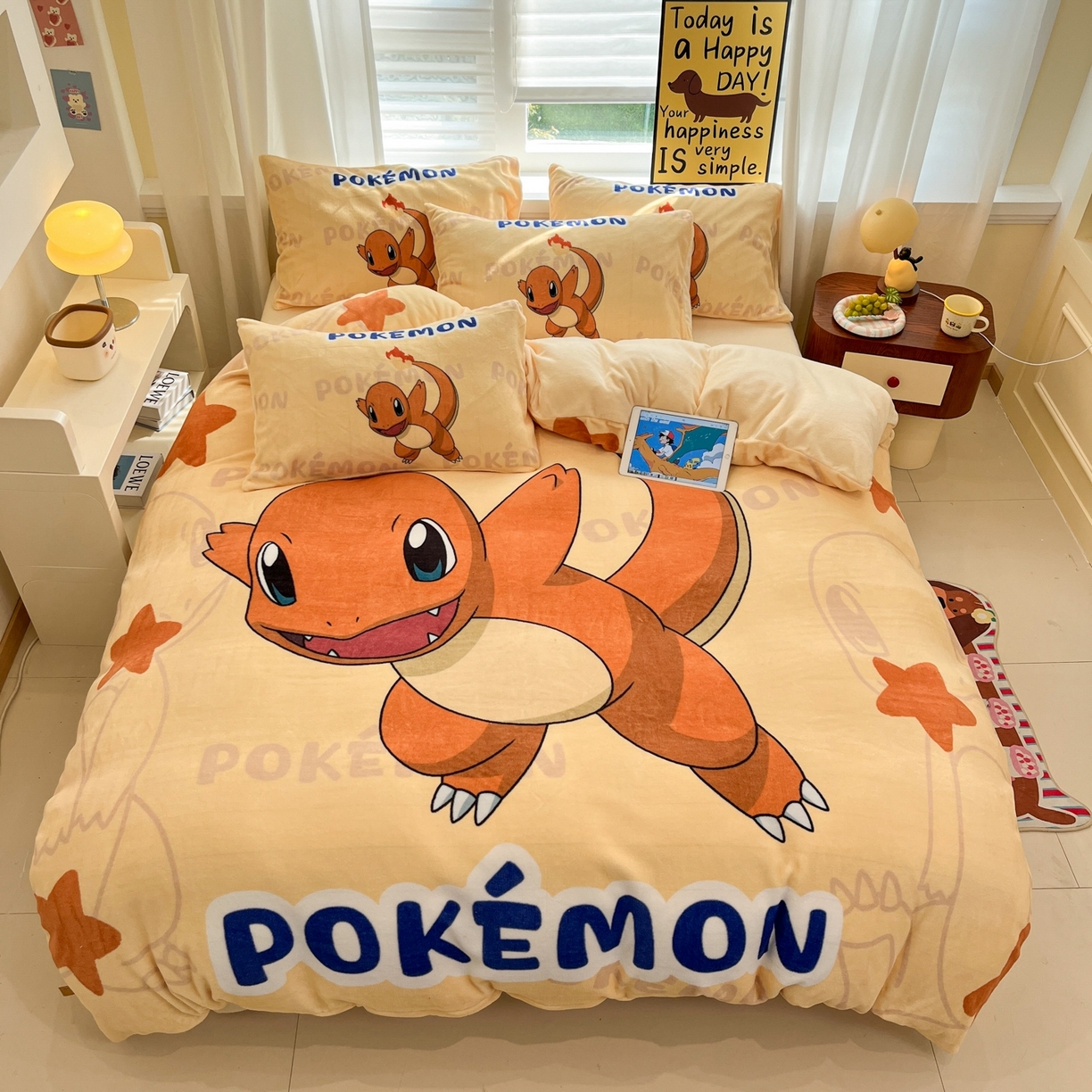 桃子家居 2025新款A类正版宝可梦授权皮卡丘大版卡通平网数码印花加厚高克重牛奶绒四件套 绒大版套件-喷火龙