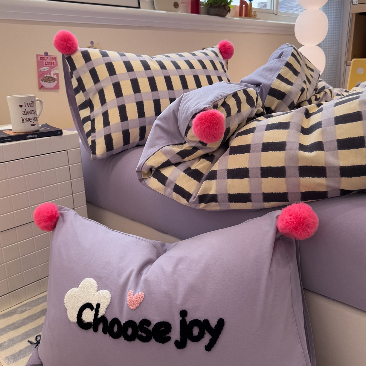 91家纺网 家纺一手货源 找家纺 呗旺鹿 2025新款全棉磨毛球球工艺款四件套 芋泥波波