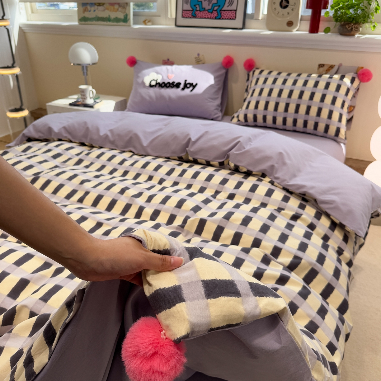 91家纺网 家纺一手货源 找家纺 呗旺鹿 2025新款全棉磨毛球球工艺款四件套 芋泥波波