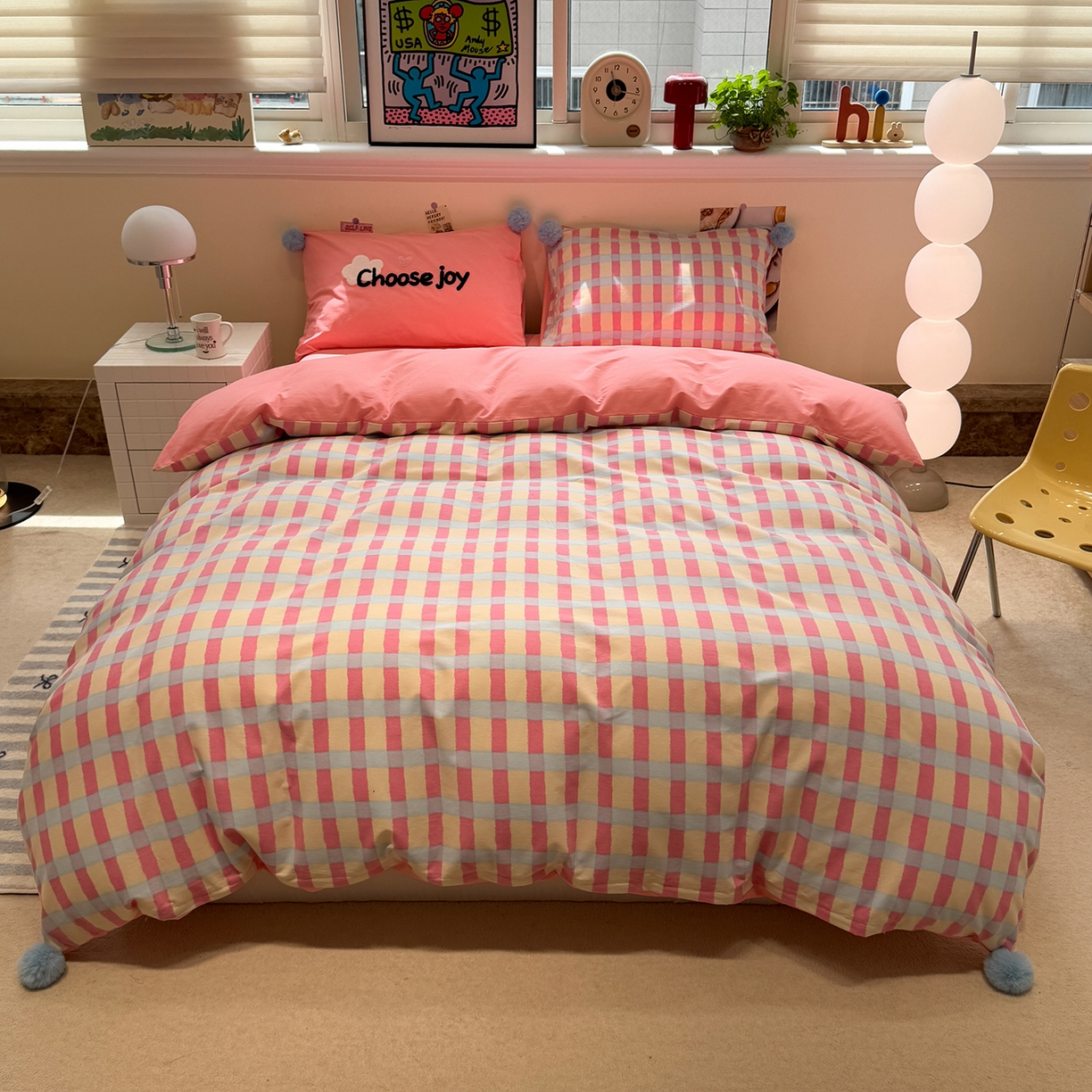 91家纺网 家纺一手货源 找家纺 呗旺鹿 2025新款全棉磨毛球球工艺款四件套 粉芭乐