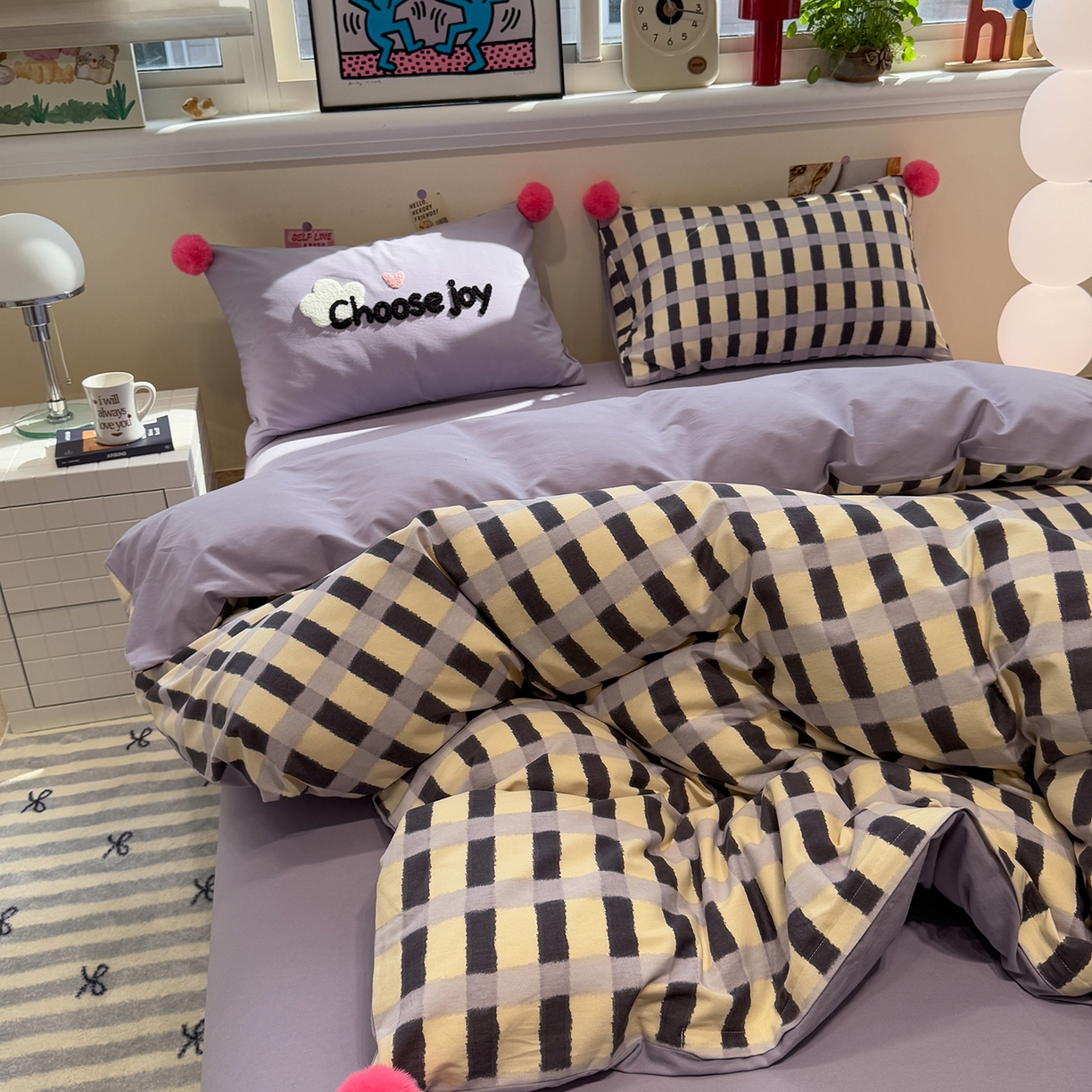 91家纺网 家纺一手货源 找家纺 呗旺鹿 2025新款全棉磨毛球球工艺款四件套 芋泥波波