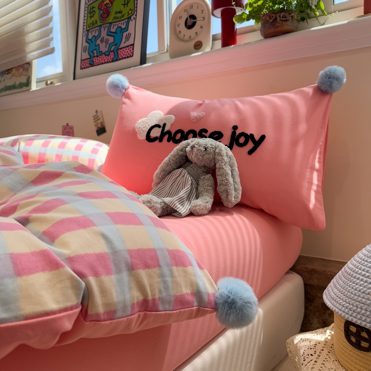 呗旺鹿 2025新款全棉磨毛球球工艺款四件套 粉芭乐