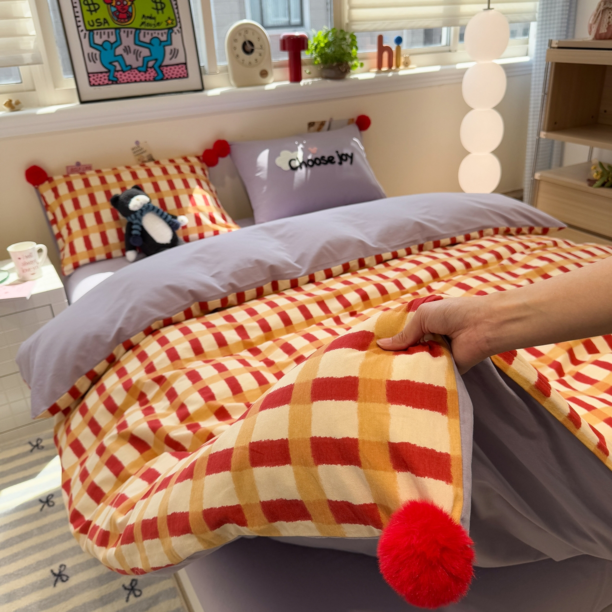 91家纺网 家纺一手货源 找家纺 呗旺鹿 2025新款全棉磨毛球球工艺款四件套 西瓜紫