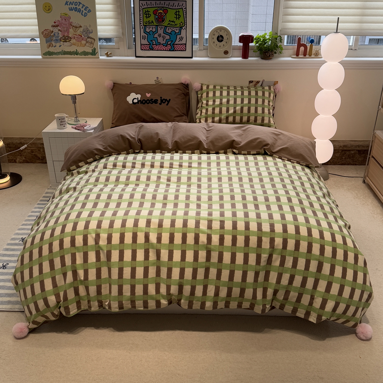 91家纺网 家纺一手货源 找家纺 呗旺鹿 2025新款全棉磨毛球球工艺款四件套 抹茶拿铁