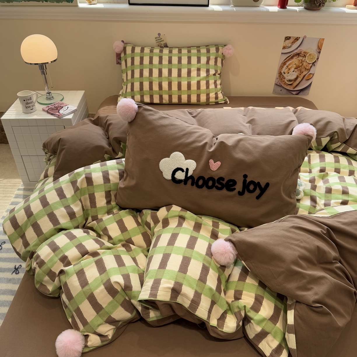 91家纺网 家纺一手货源 找家纺 呗旺鹿 2025新款全棉磨毛球球工艺款四件套 抹茶拿铁