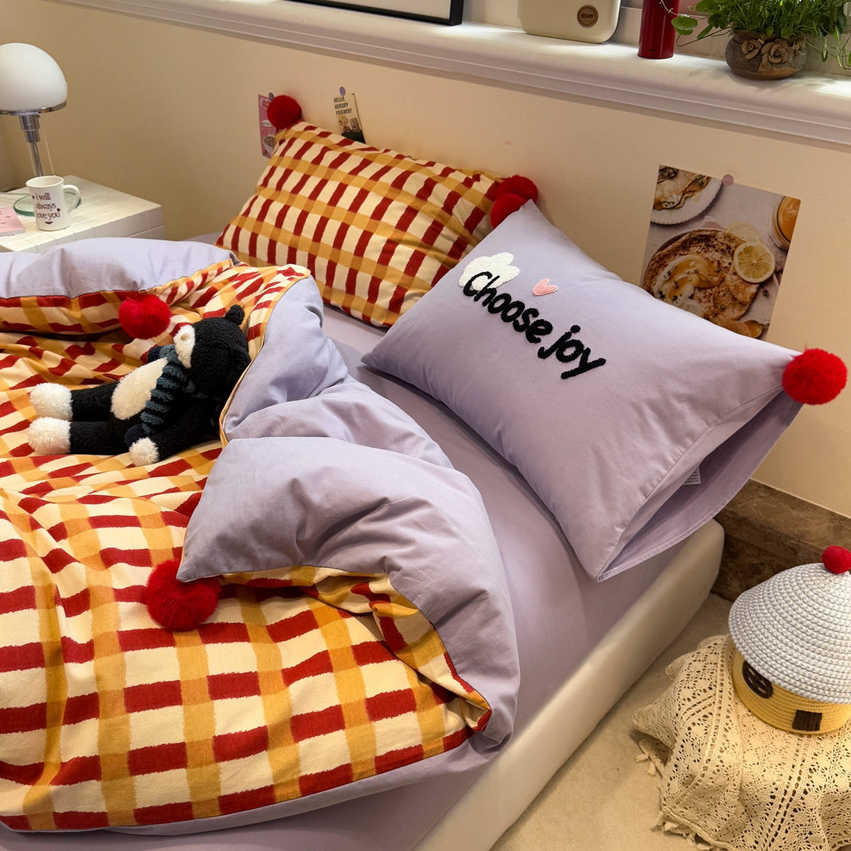 91家纺网 家纺一手货源 找家纺 呗旺鹿 2025新款全棉磨毛球球工艺款四件套 西瓜紫