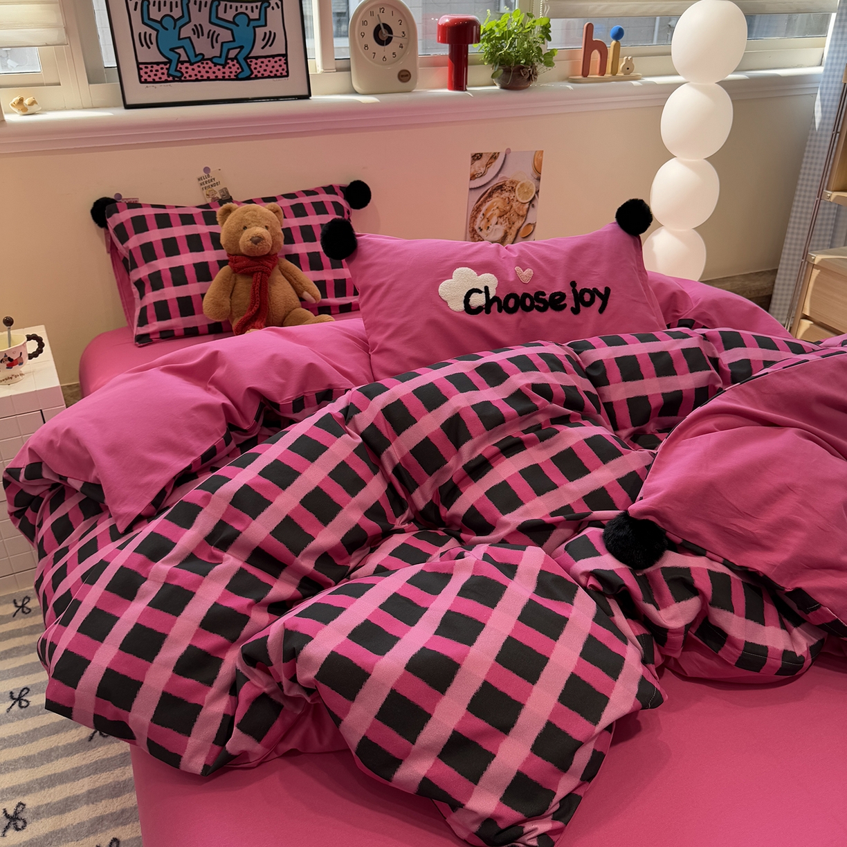 91家纺网 家纺一手货源 找家纺 呗旺鹿 2025新款全棉磨毛球球工艺款四件套 火龙果