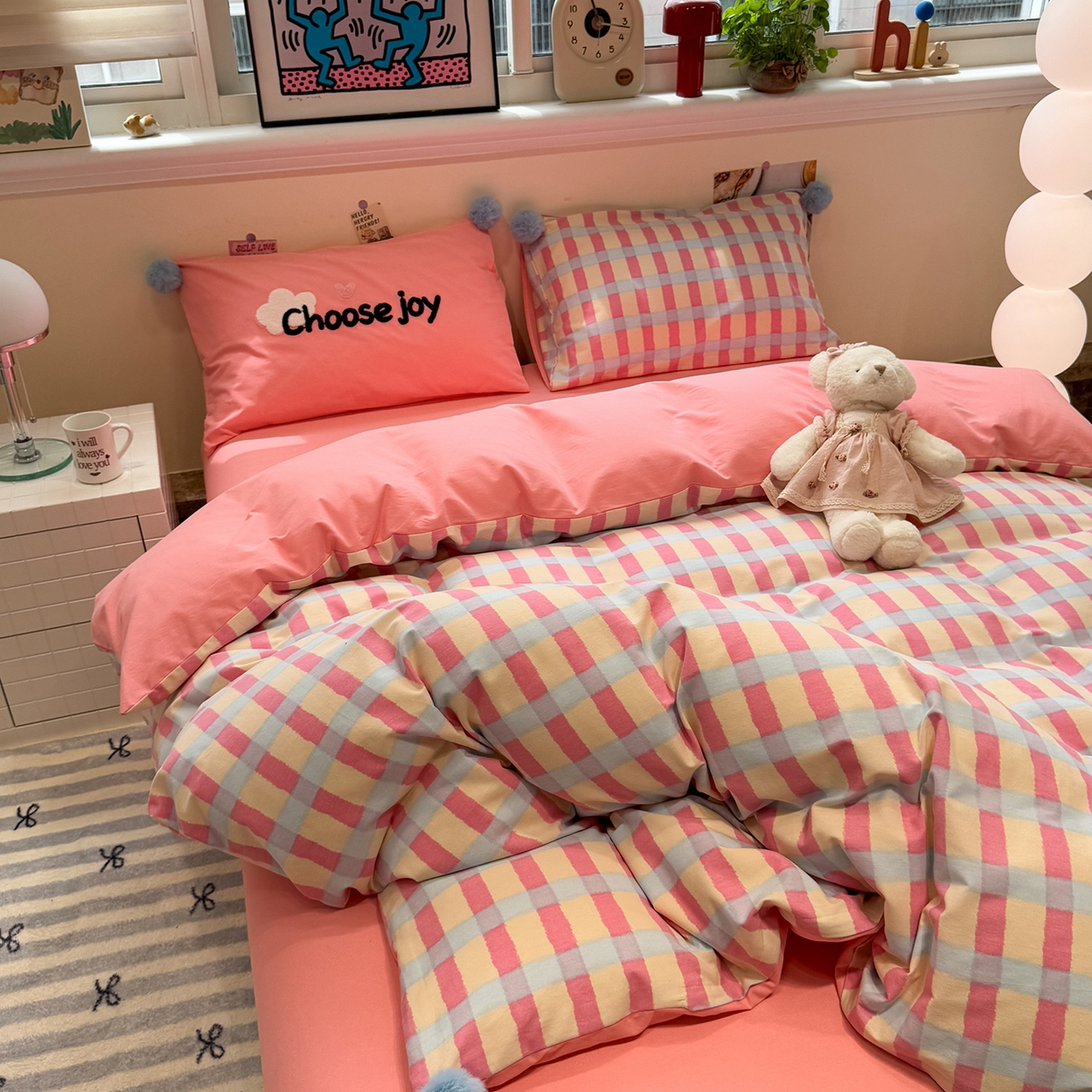 91家纺网 家纺一手货源 找家纺 呗旺鹿 2025新款全棉磨毛球球工艺款四件套 粉芭乐