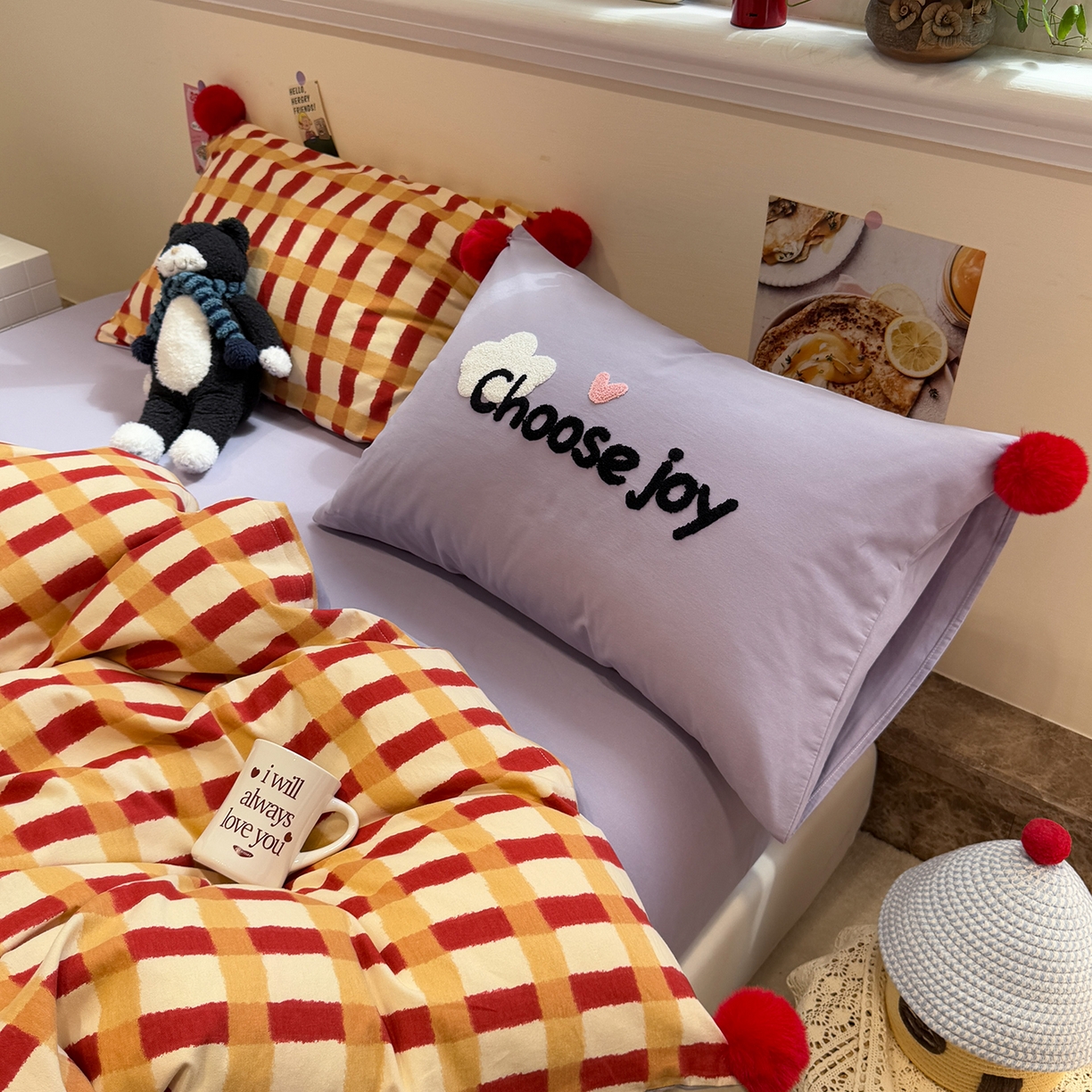 91家纺网 家纺一手货源 找家纺 呗旺鹿 2025新款全棉磨毛球球工艺款四件套 西瓜紫