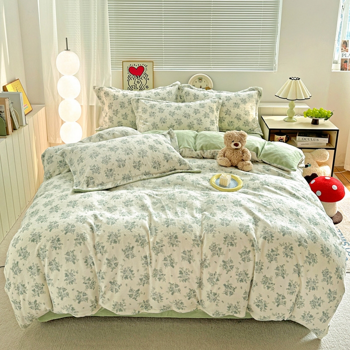 简一 2025新款小清新牛奶绒印花四件套-花卉系列 清新花梦-绿