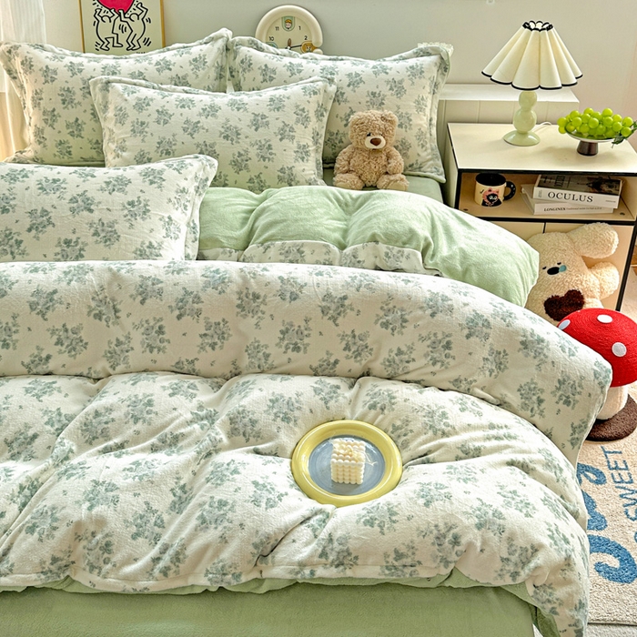 91家纺网 家纺一手货源 找家纺 简一 2025新款小清新牛奶绒印花四件套-花卉系列 清新花梦-绿