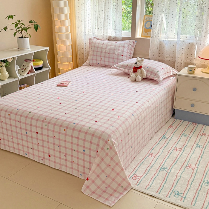 91家纺网 家纺一手货源 找家纺 丽美人 2025新款高克重印花牛奶绒无印风床单款（A类母婴级面料） 波点粉格