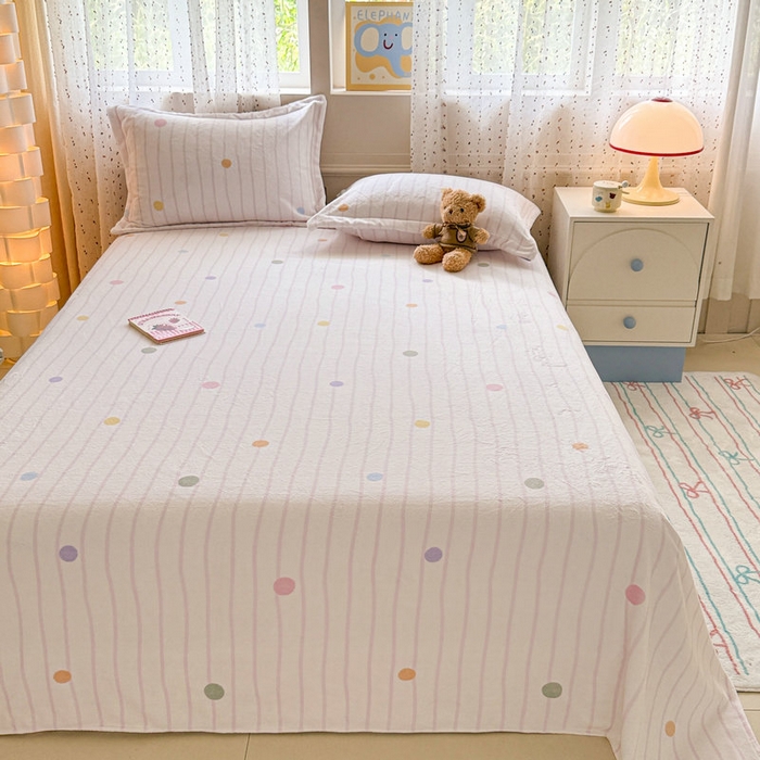 91家纺网 家纺一手货源 找家纺 丽美人 2025新款高克重印花牛奶绒无印风床单款（A类母婴级面料） 波点粉条