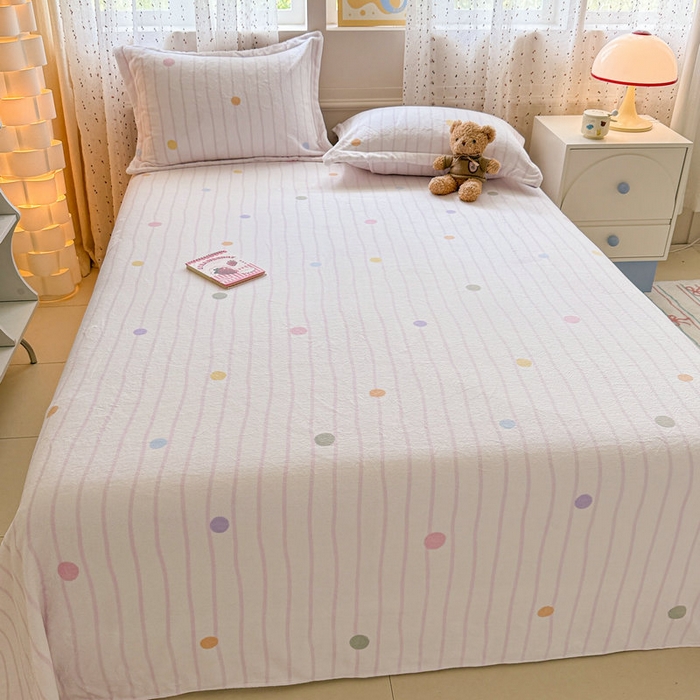 91家纺网 家纺一手货源 找家纺 丽美人 2025新款高克重印花牛奶绒无印风床单款（A类母婴级面料） 波点粉条