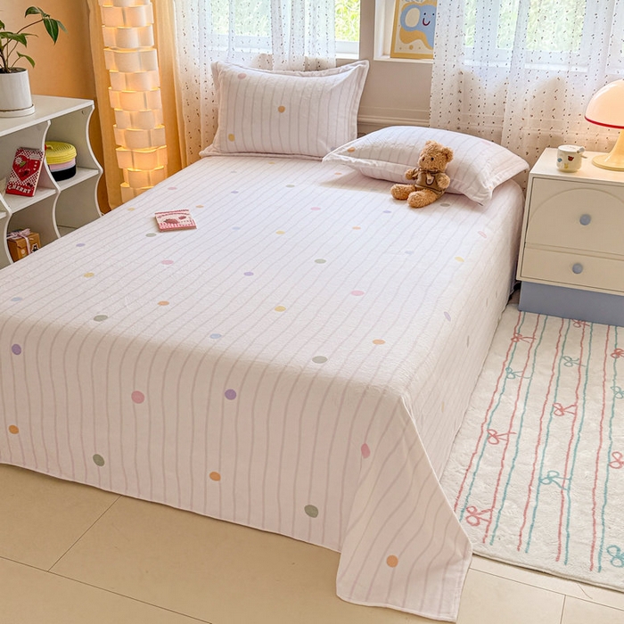 91家纺网 家纺一手货源 找家纺 丽美人 2025新款高克重印花牛奶绒无印风床单款（A类母婴级面料） 波点粉条