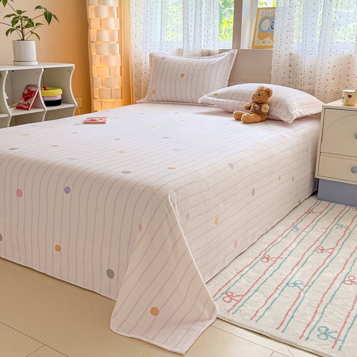 91家纺网 家纺一手货源 找家纺 丽美人 2025新款高克重印花牛奶绒无印风床单款（A类母婴级面料） 波点粉条