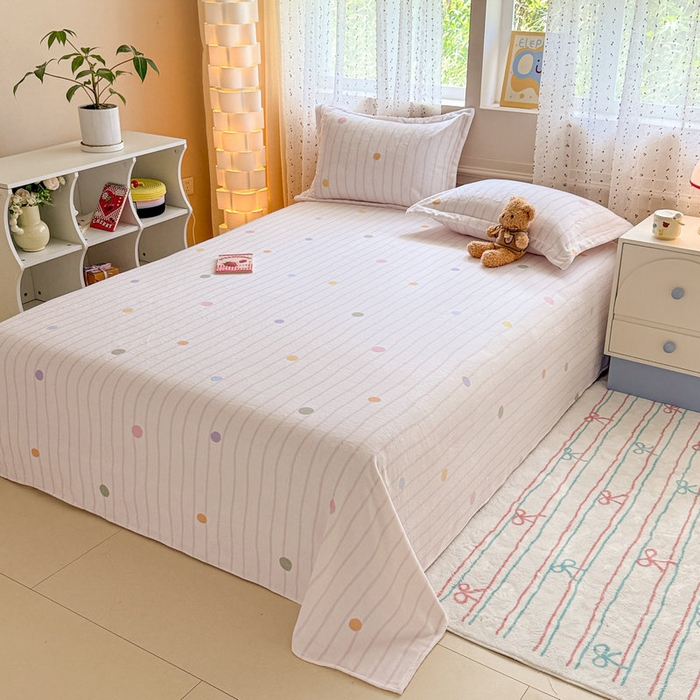 91家纺网 家纺一手货源 找家纺 丽美人 2025新款高克重印花牛奶绒无印风床单款（A类母婴级面料） 波点粉条