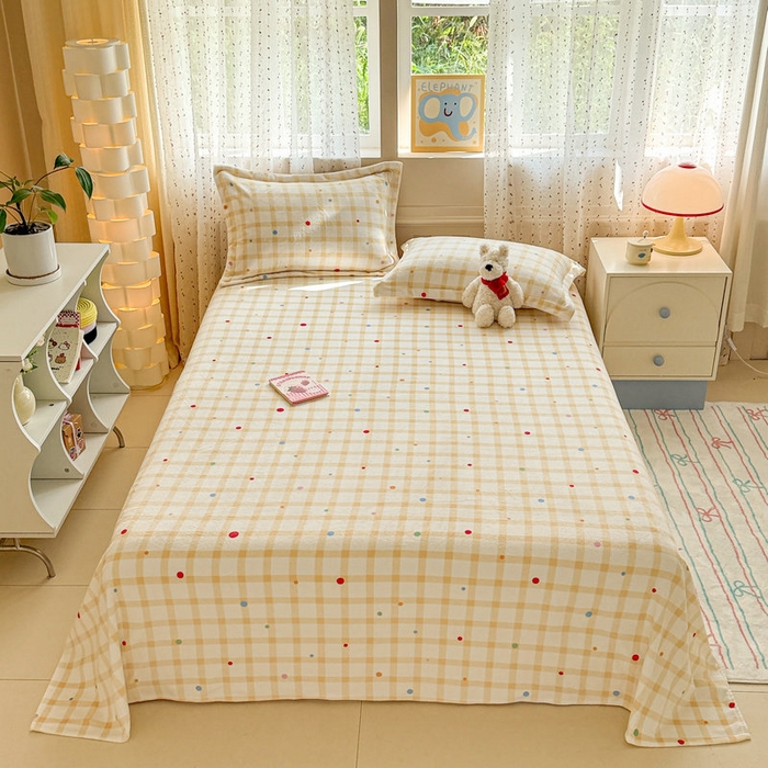 91家纺网 家纺一手货源 找家纺 丽美人 2025新款高克重印花牛奶绒无印风床单款（A类母婴级面料） 波点黄格